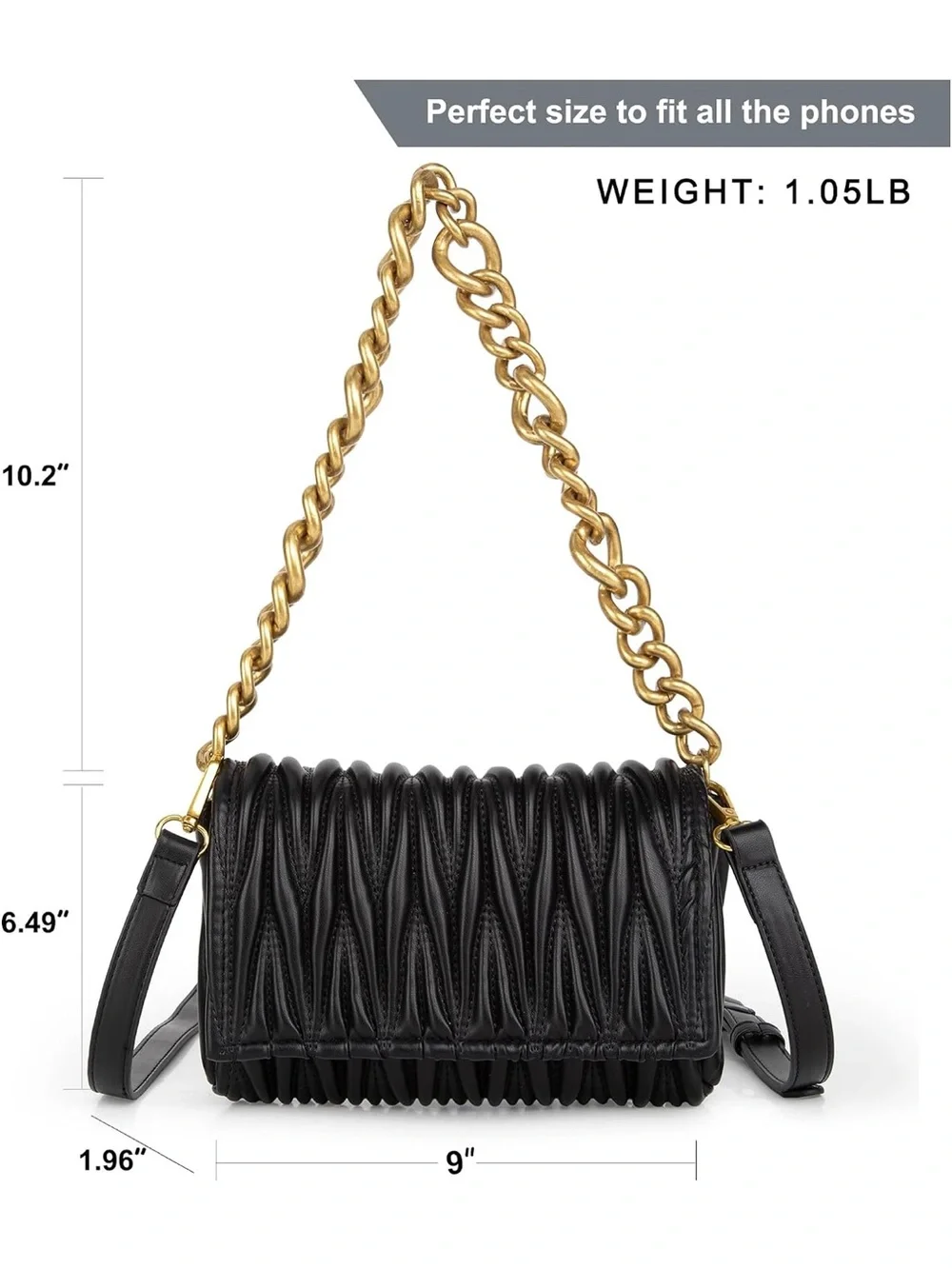 Montana West Black Quilted Leather Shoulder Bag with Gold Chain